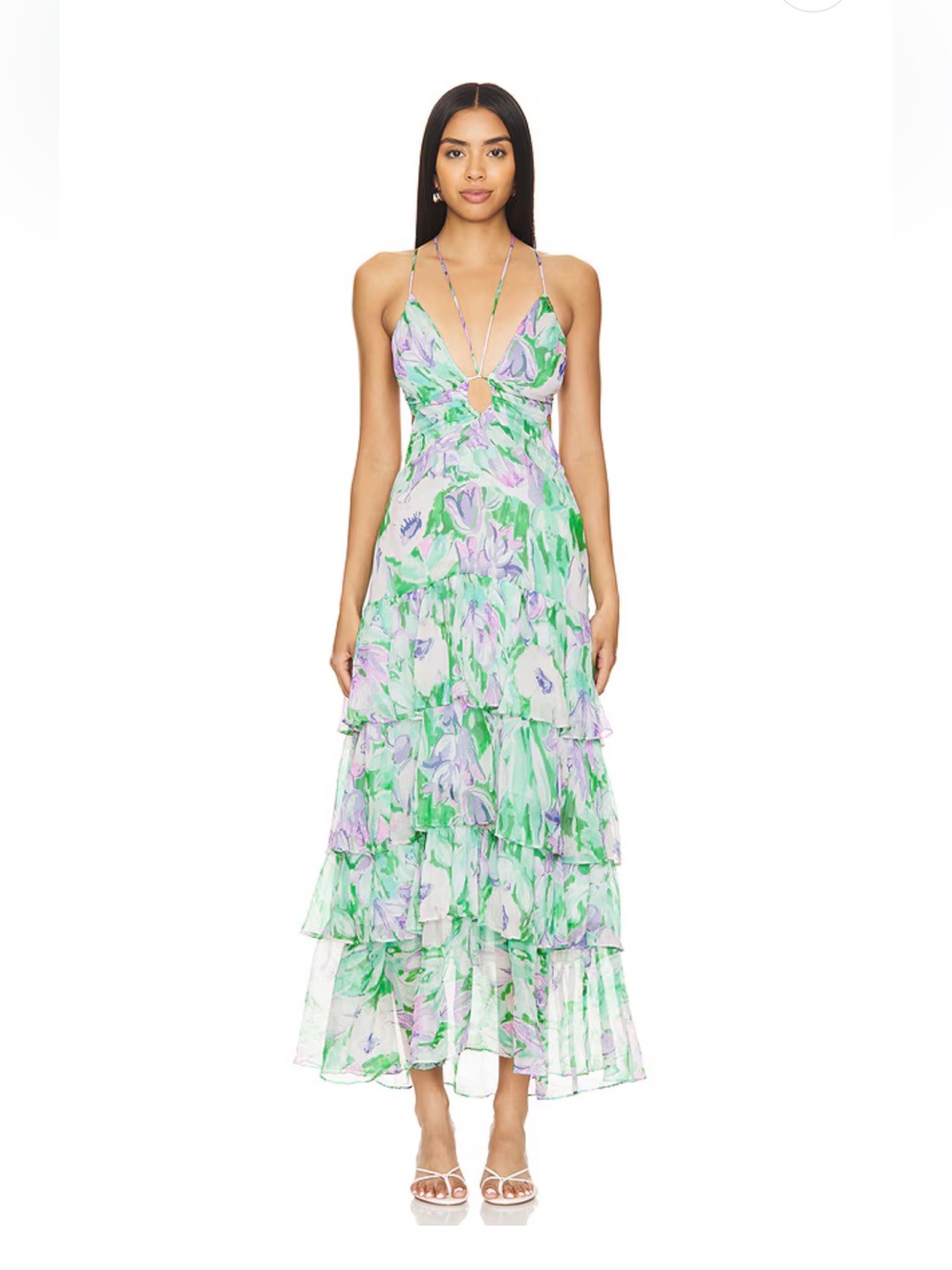 Astr Lavender And Mint Floral Halter Tiered Maxi Dress